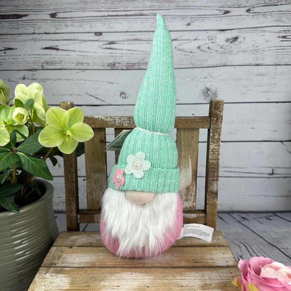 Unknown Other - Spring Flowers Easter Gnome Weighted Shelf Sitter Plush Knit Pink Mint